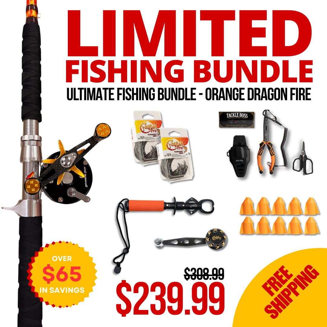 Fishing bundle with rod, accessories, and promotional text on a white background