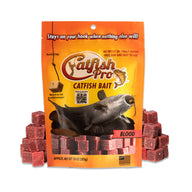 Catfish Pro Blood Catfish Bait package with cubed bait pieces stacked around it.