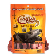 Catfish Pro Bloody Skipjack Catfish Bait package with cubed bait pieces stacked around it.