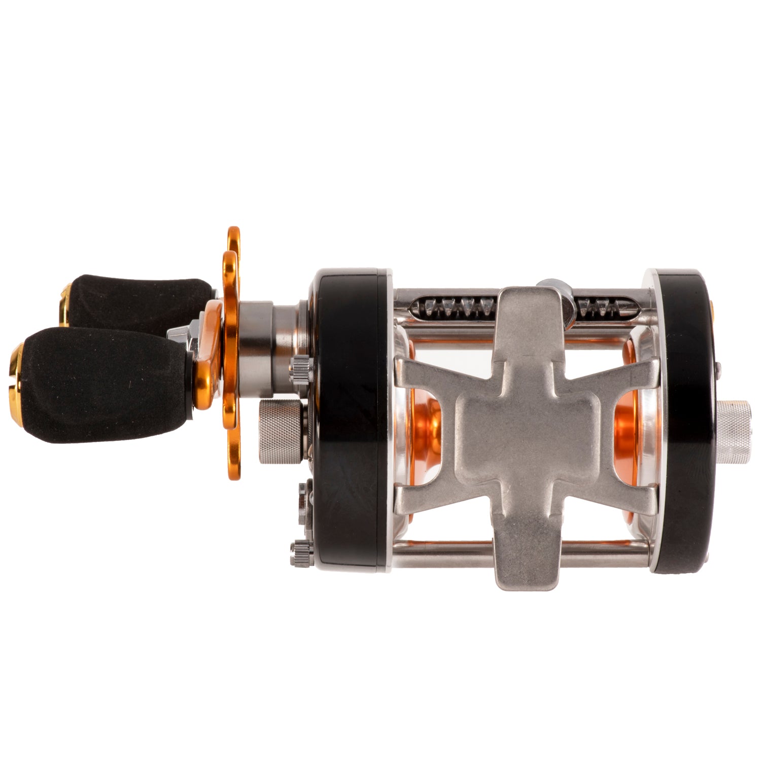 Bottom view of the Catfish Pro 600 CTS Reel, highlighting the reinforced metal frame and smooth ball-bearing system.