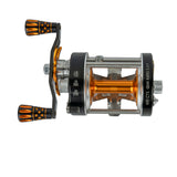 Top-down view of the Catfish Pro 600 CTS Reel, showing the metal frame, dual-handle design, and precision gear system.