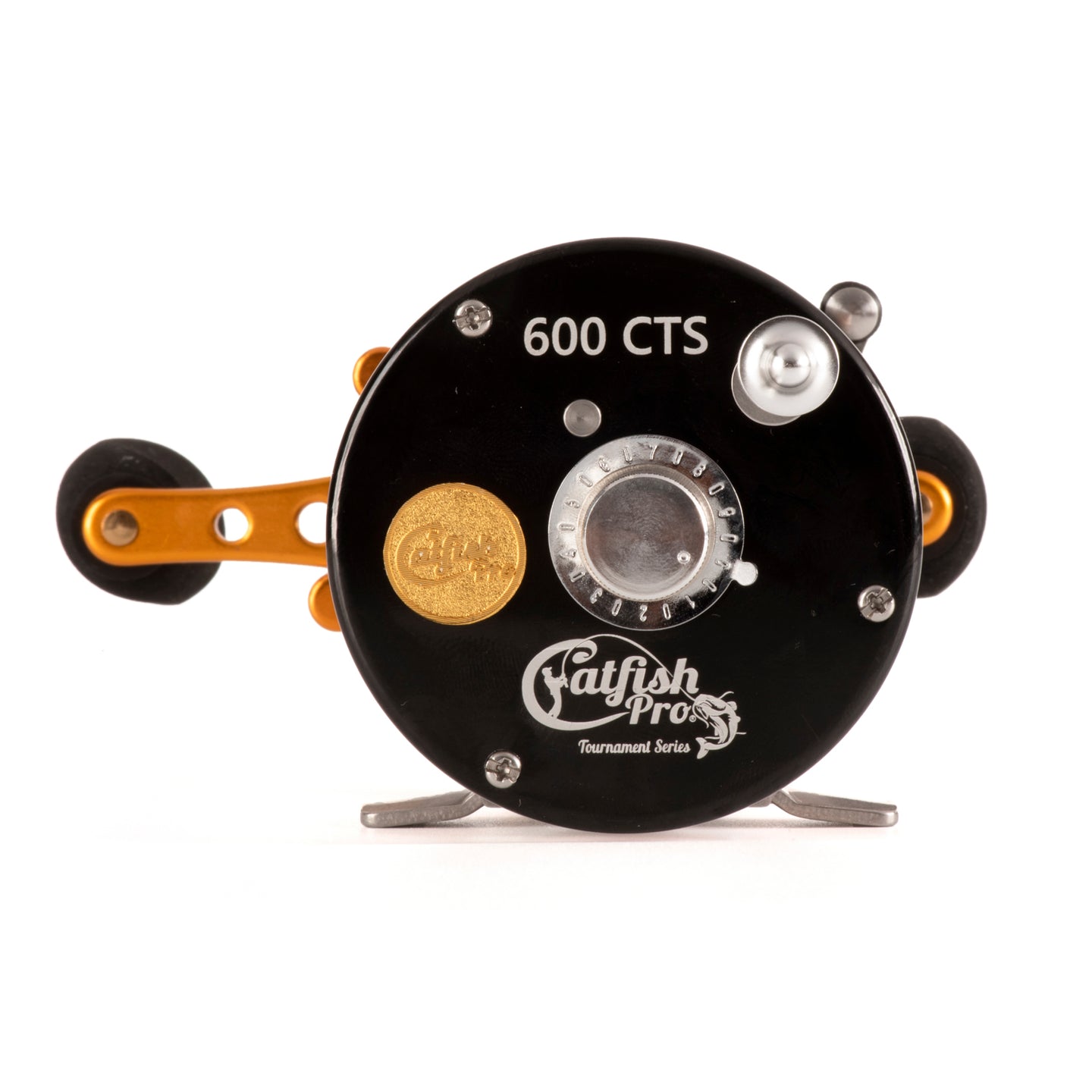 Left side view of the Catfish Pro 600 CTS Reel, displaying the side plate with Catfish Pro branding and adjustment dial.