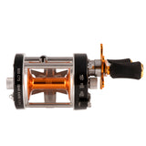 Top-down view of the Catfish Pro 600 CTS Reel, showing the metal frame, dual-handle design, and precision gear system.