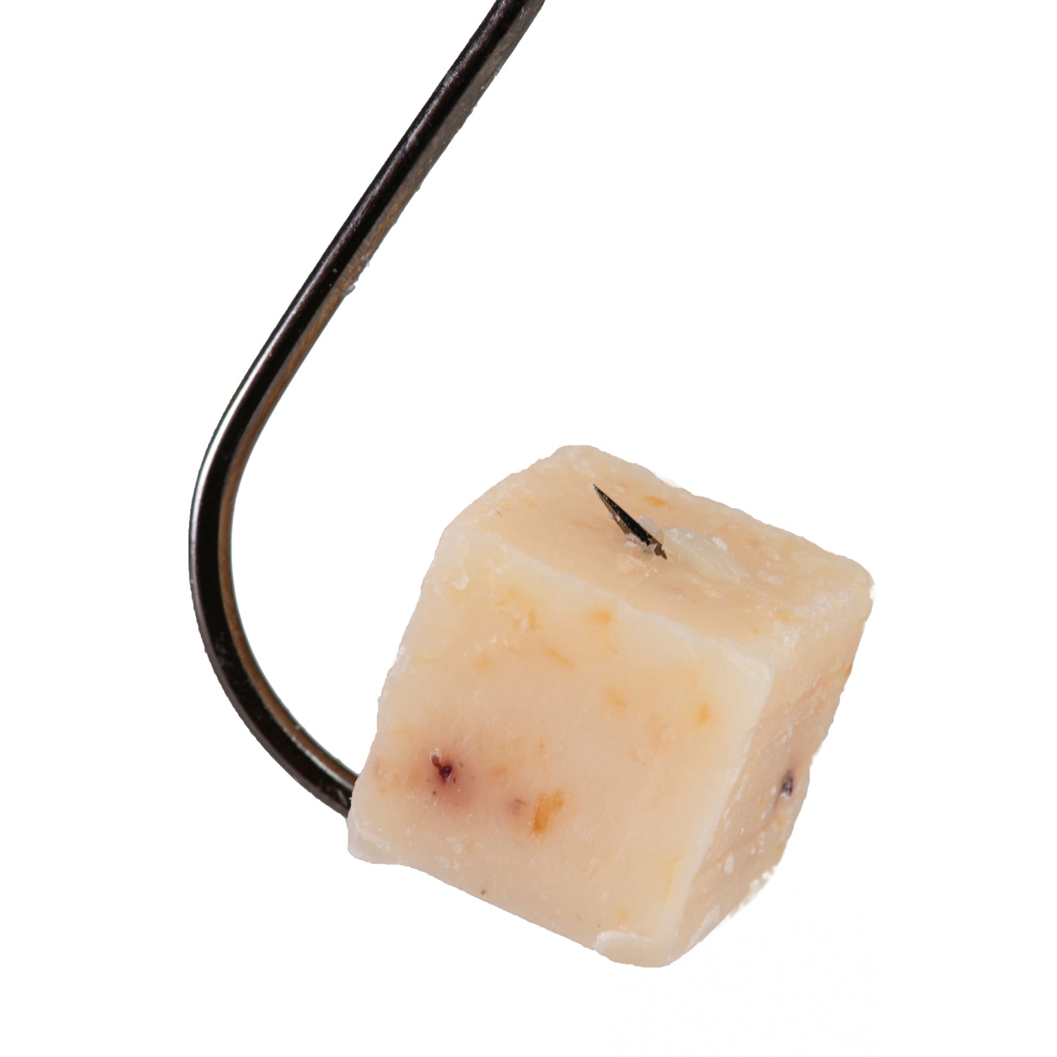 A single Catfish Pro Original bait cube securely hooked on a fishing hook, showcasing its durability and hook-holding ability.