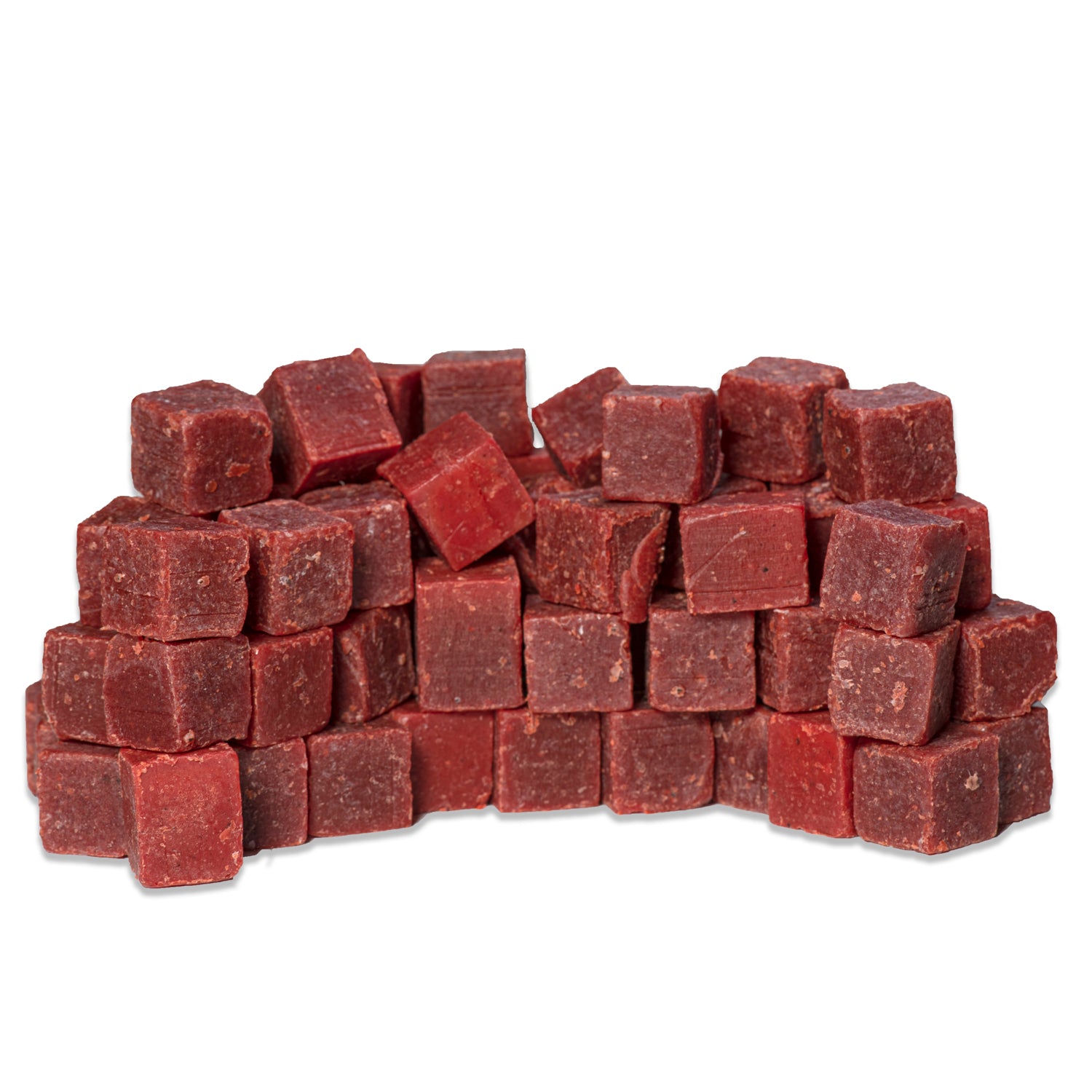 A stacked pile of Catfish Pro Beef Blood Catfish Bait cubes, showing their size and texture.