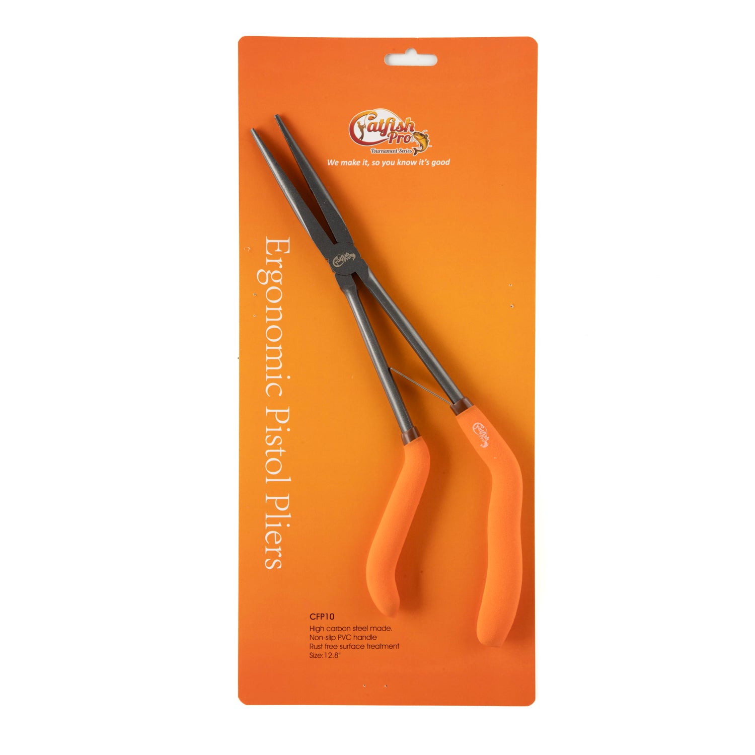 Catfish Pro Ergonomic Pistol Pliers in original packaging, featuring the product name, branding, and specifications on an orange backing card.