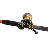 Catfish Pro CNC Power handle upgrade for the Catfish Pro Fishing For Fun casting reel, featuring a black and gold handle designed for a comfortable grip