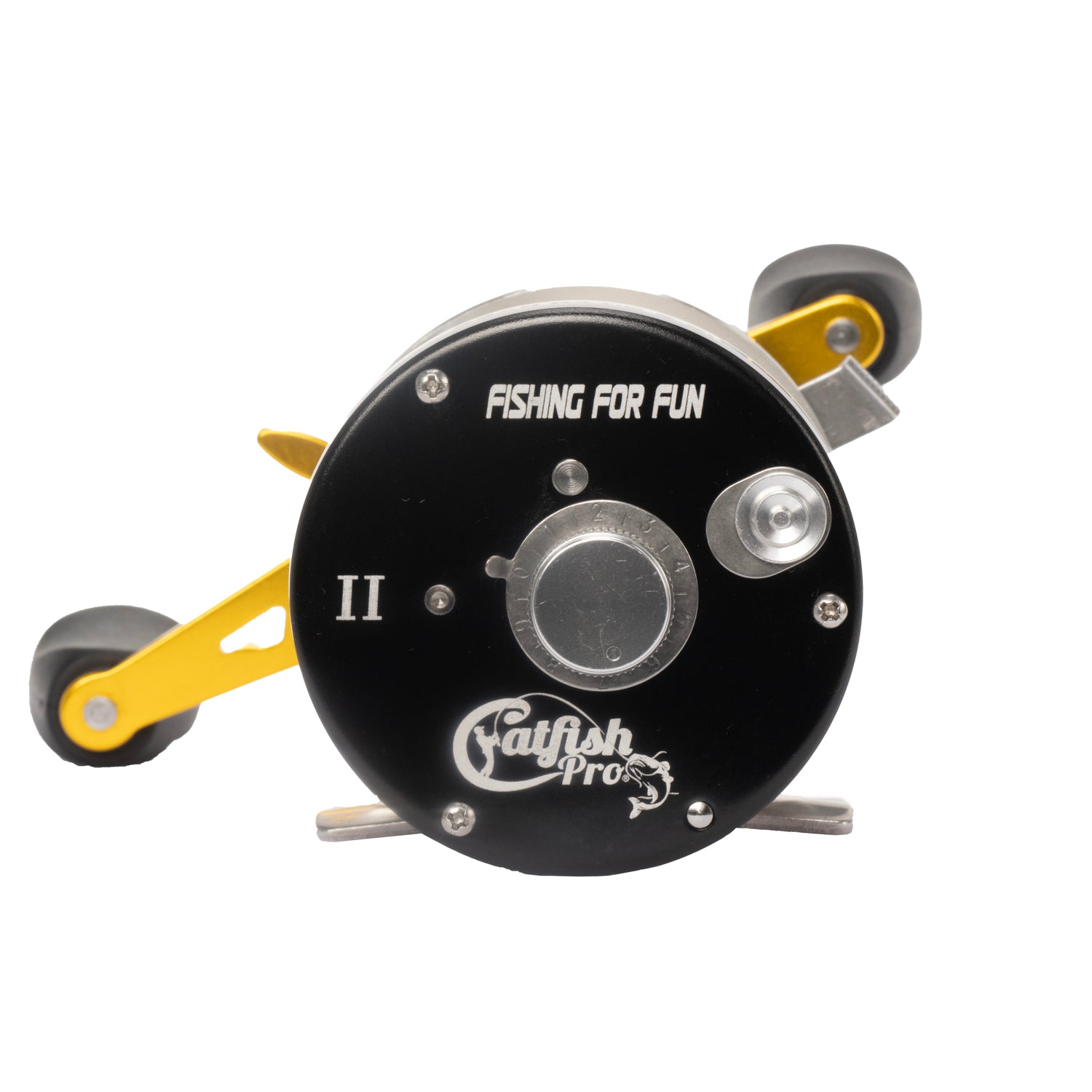 Front view of the Catfish Pro Fishing For Fun casting reel, featuring branding, model II, and adjustment knobs.