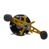 Close-up of the Catfish Pro Fishing For Fun casting reel handle in gold and black, showcasing ergonomic design.