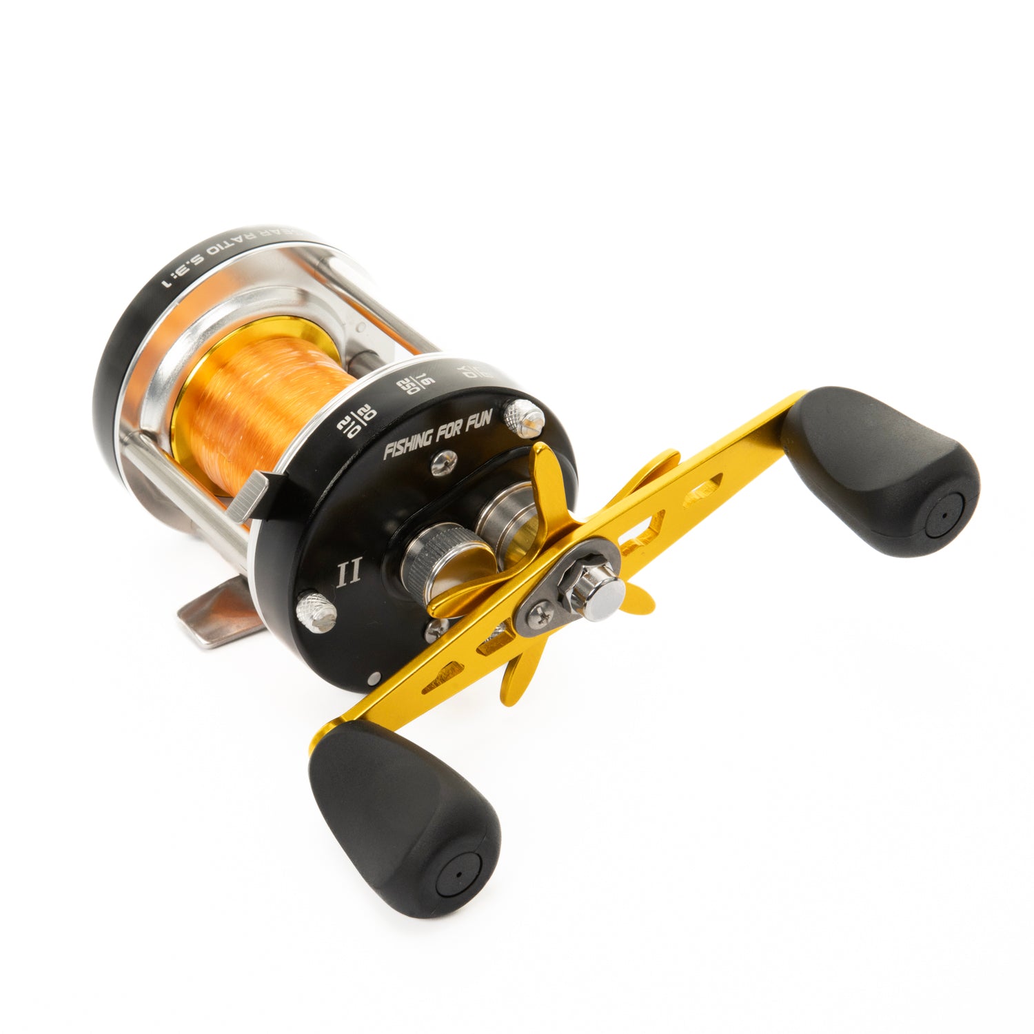 Side profile of the Catfish Pro Fishing For Fun casting reel with dual grip handles and stainless steel construction.