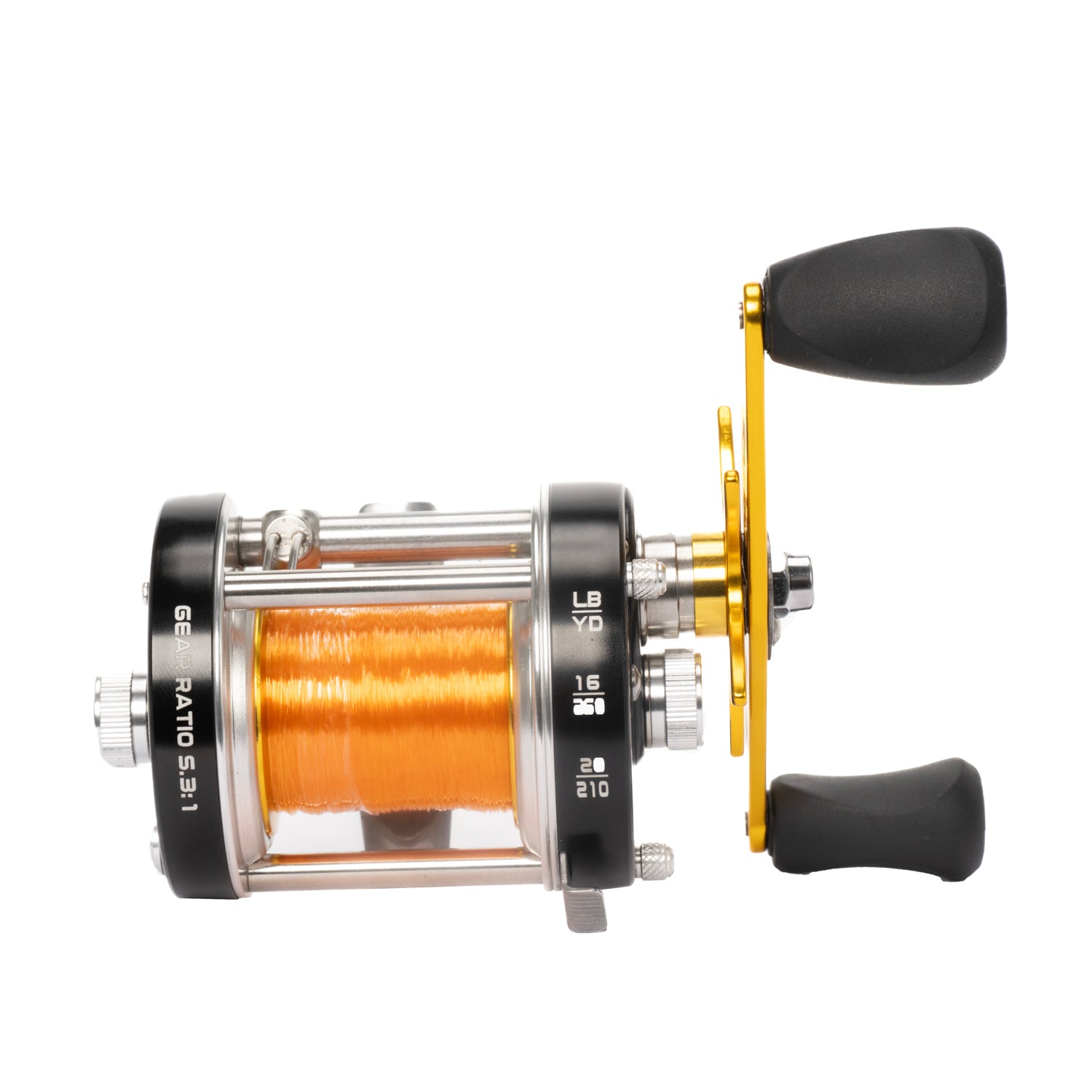 Top view of the Catfish Pro Fishing For Fun casting reel showing spool capacity markings and the 5.9:1 gear ratio.