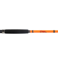 Detailed view of the Catfish Pro logo on the Fishing for Fun Spinning Rod, showcasing the vibrant orange finish.