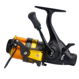 A close-up side view of the Catfish Pro Fishing for Fun spinning reel, featuring a black and gold body with pre-spooled orange fishing line.