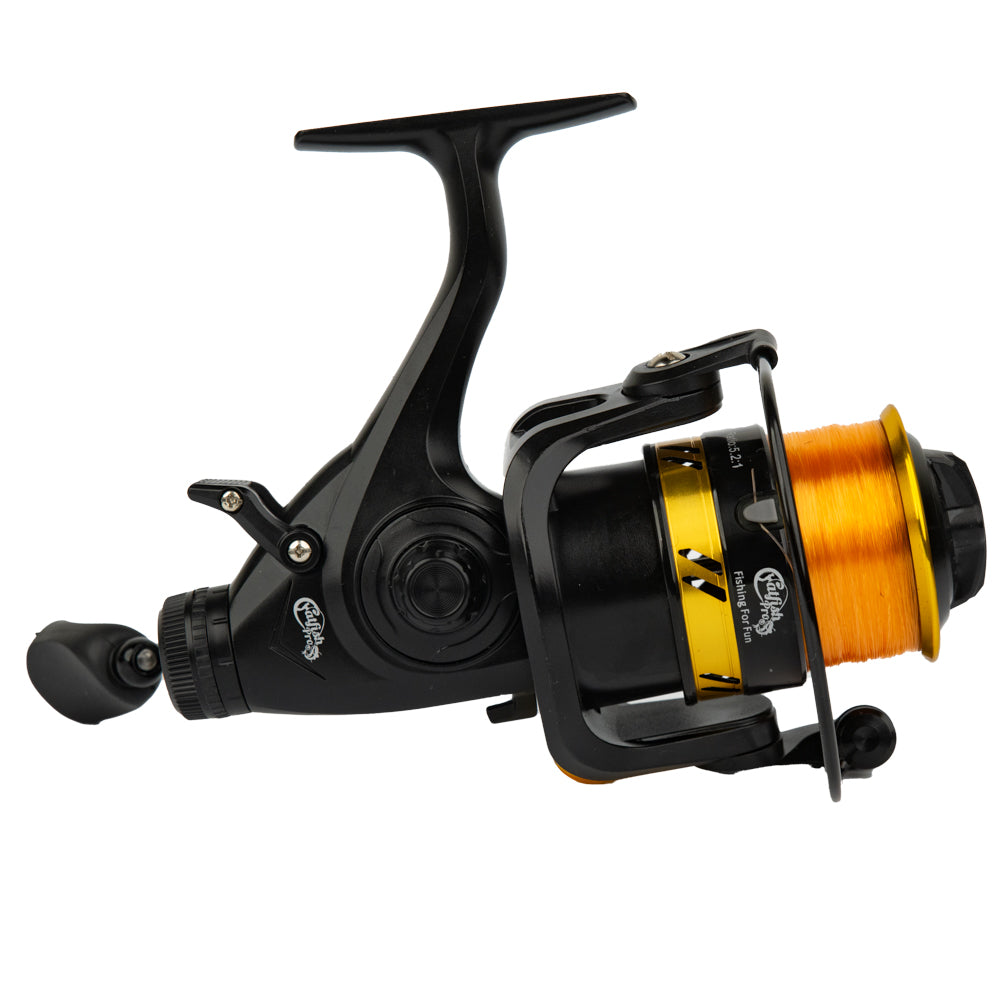 A detailed side view of the Catfish Pro Fishing for Fun spinning reel, emphasizing the spool design and branding.