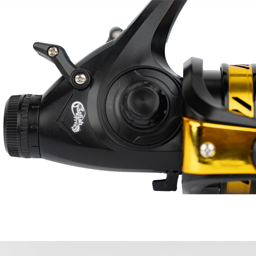 A close-up side profile of the Catfish Pro Fishing for Fun spinning reel, focusing on the branding and reel seat design.