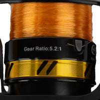 A detailed close-up of the spool on the Catfish Pro Fishing for Fun spinning reel, displaying the gear ratio of 5.2:1 and pre-spooled orange line.