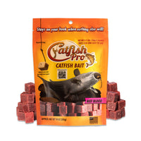 Catfish Pro Beef Blood Catfish Bait package with cubed bait pieces stacked around it.