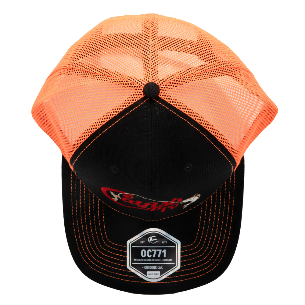 Top-down view of the Catfish Pro trucker hat, showing the combination of black fabric and orange mesh with reinforced stitching.