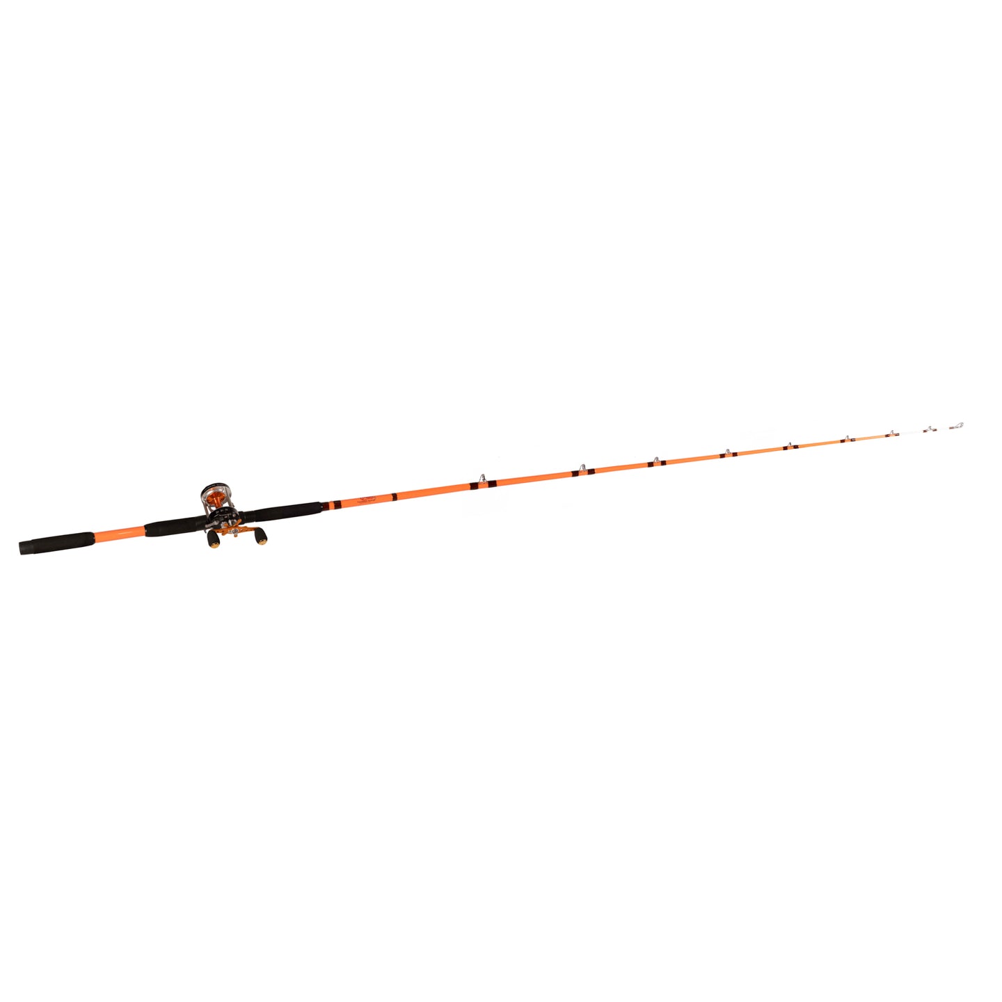 Full-length view of the Catfish Pro Tournament Series fishing rod and reel combo, showcasing its durable black foam handle, bright orange rod, and professional-grade reel.