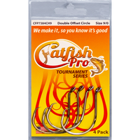 4 pack of Catfish Pro Tournament Series 9/0 double offset circle hooks, designed for superior hooking power.