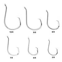 Comparison of Catfish Pro Tournament Series fishing hooks, showing different sizes for various fishing applications.