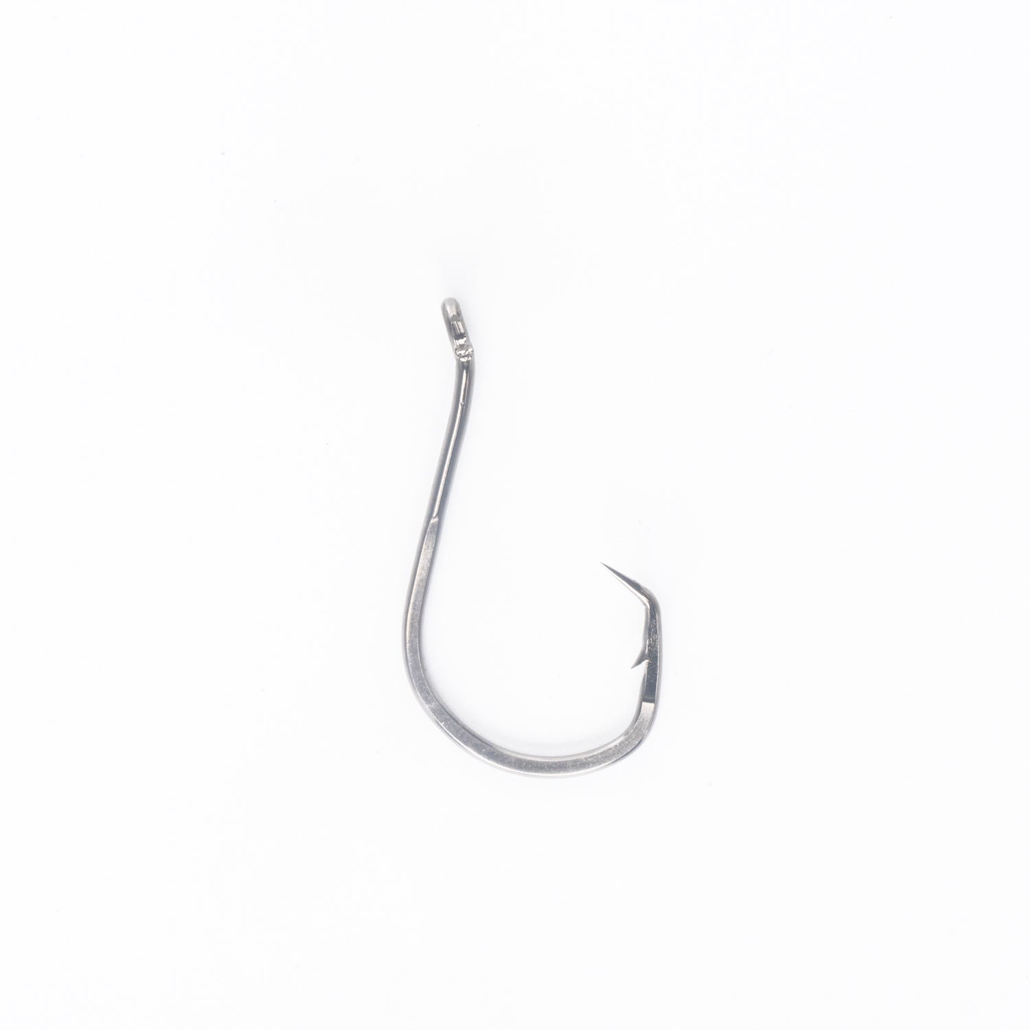 Close-up of a single Catfish Pro 6/0 double offset circle hook, featuring a razor-sharp point and durable steel construction.