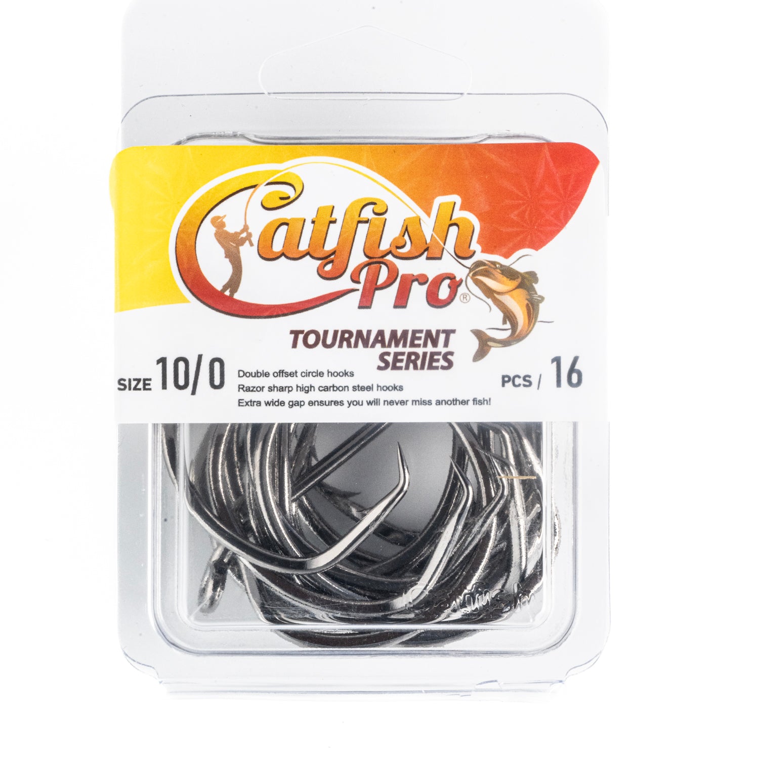 16 pack of Catfish Pro Tournament Series 10/0 double offset circle hooks, designed for superior hooking power.