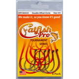 6 pack of Catfish Pro Tournament Series 5/0 double offset circle hooks, designed for superior hooking power.