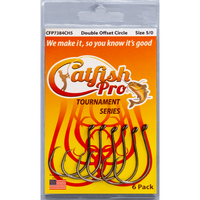 6 pack of Catfish Pro Tournament Series 5/0 double offset circle hooks, designed for superior hooking power.