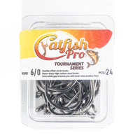 24ack of Catfish Pro Tournament Series 6/0 double offset circle hooks, designed for superior hooking power.