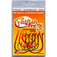 6 [ack of Catfish Pro Tournament Series 6/0 double offset circle hooks, designed for superior hooking power.