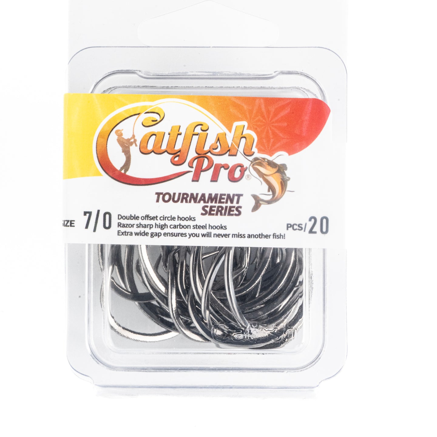 20 pack of Catfish Pro Tournament Series 7/0 double offset circle hooks, designed for superior hooking power.