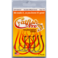 5 pack of Catfish Pro Tournament Series 7/0 double offset circle hooks, designed for superior hooking power.