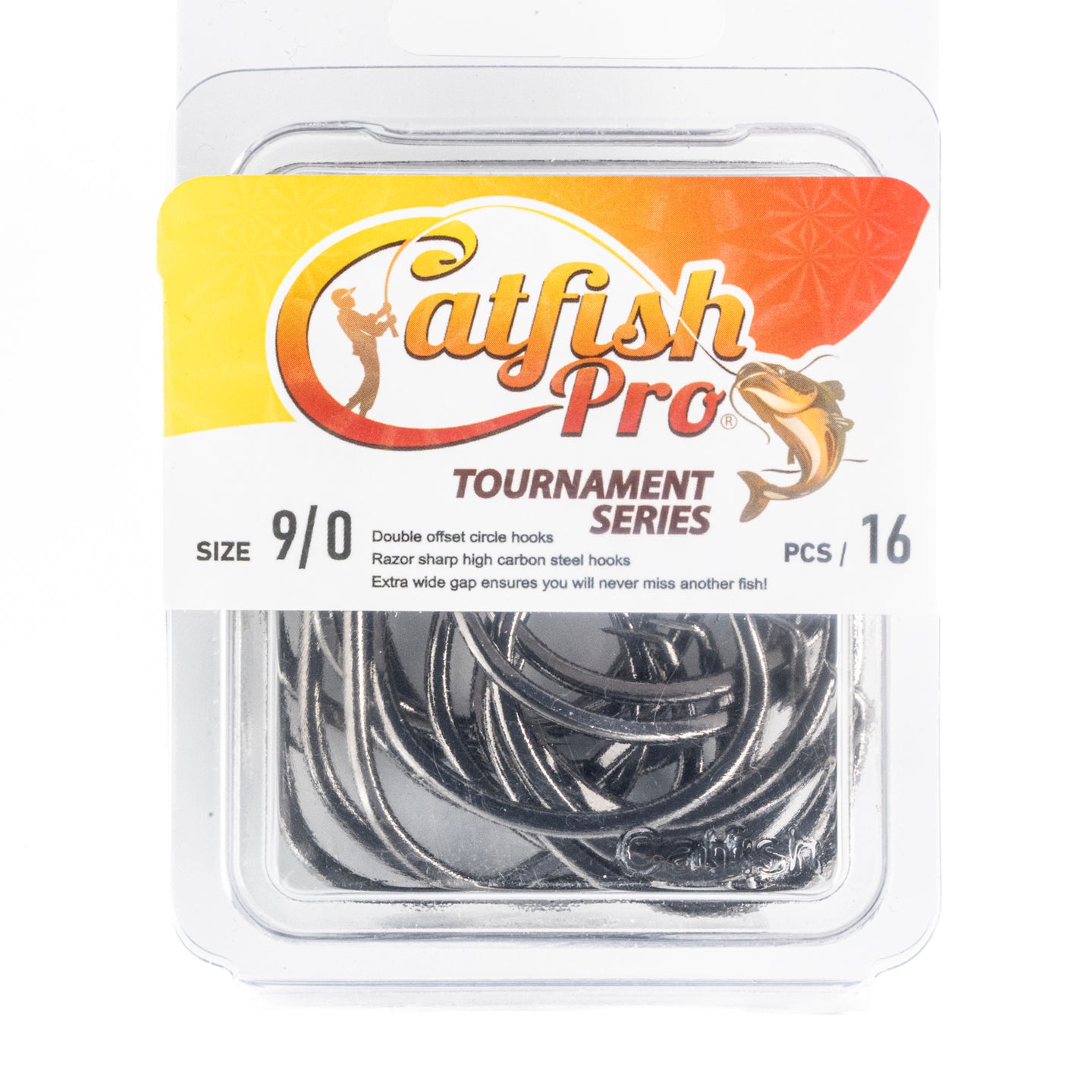 16 pack of Catfish Pro Tournament Series 9/0 double offset circle hooks, designed for superior hooking power.