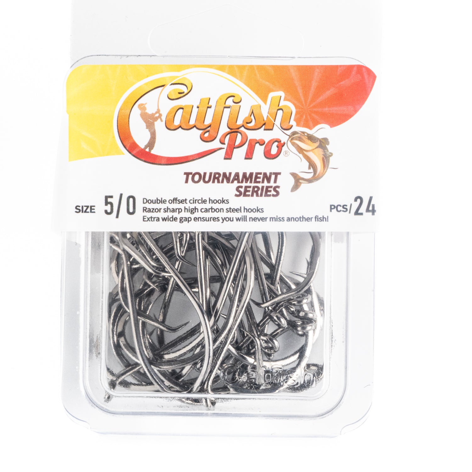 24 pack of Catfish Pro Tournament Series 5/0 double offset circle hooks, designed for superior hooking power.