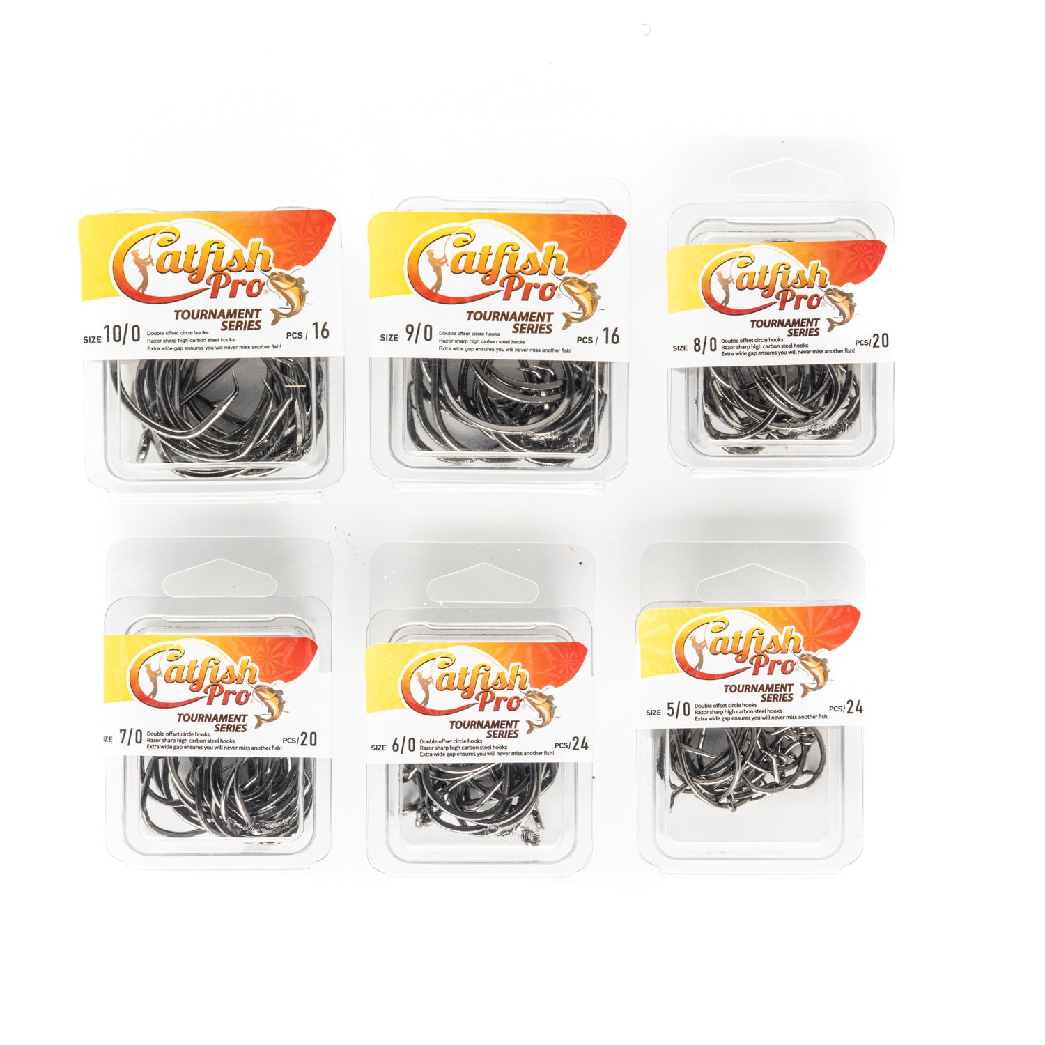 Full range of Catfish Pro Tournament Series circle hooks variety packs in sizes 5/0 to 10/0, displayed in packaging.