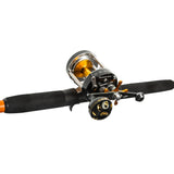 Close-up view of the Catfish Pro Tournament Series Right-Handed Baitcasting Reel with a Balanced CNC Power Handle, mounted on an orange fishing rod with black foam grips.