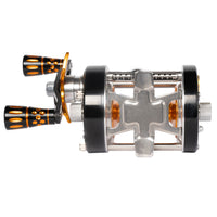 Underside view of the Catfish Pro 600CTS Round Baitcaster Reel – Left Handed, showcasing the reinforced reel foot and sturdy stainless steel support structure.