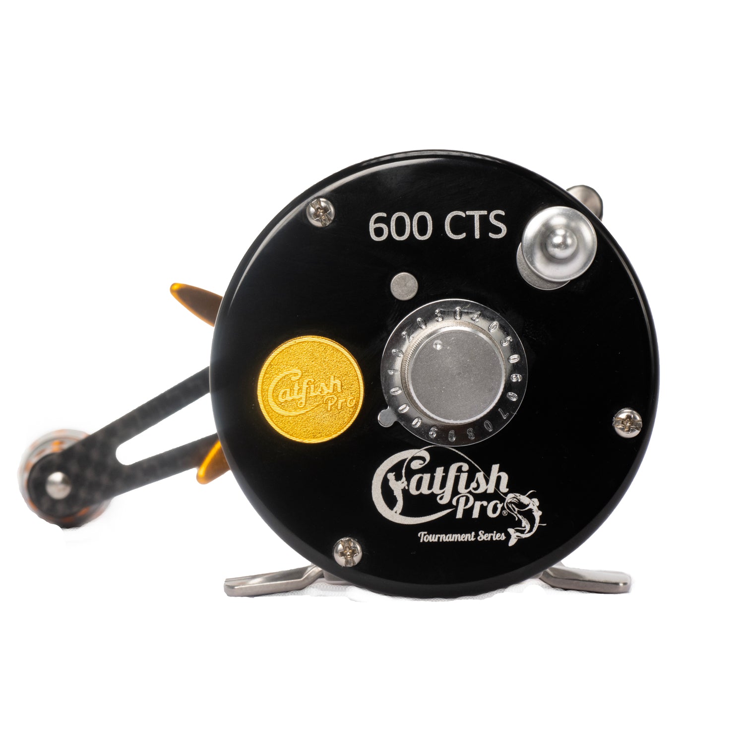 Side view of the Catfish Pro 600CTS Round Baitcaster Reel – Left Handed, showcasing the anodized aluminum spool and precision-machined aluminum frame