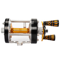 Top view of the Catfish Pro 600CTS Round Baitcaster Reel – Left Handed, emphasizing the lightweight carbon fiber handle and ergonomic knobs.