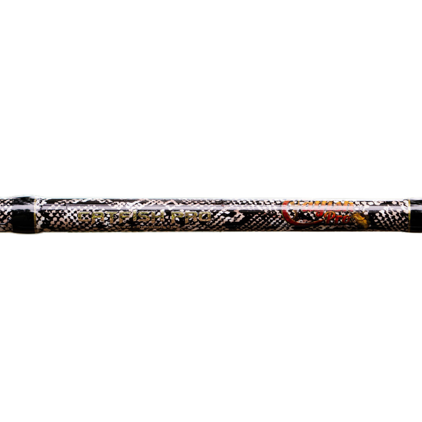 Catfish Pro Rattlesnake rod close up showing the glow in the dark rattlesnake pattern and Catfish Pro logo