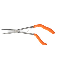 Front top-down view of the Catfish Pro Ergonomic Pistol Pliers, featuring long stainless steel jaws and bright orange non-slip handles.