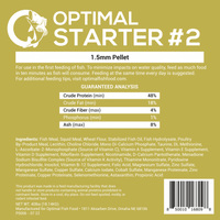 Label of 'Optimal Starter #2' fish feed, featuring guaranteed analysis, ingredients, and feeding instructions for 1.5mm pellets.