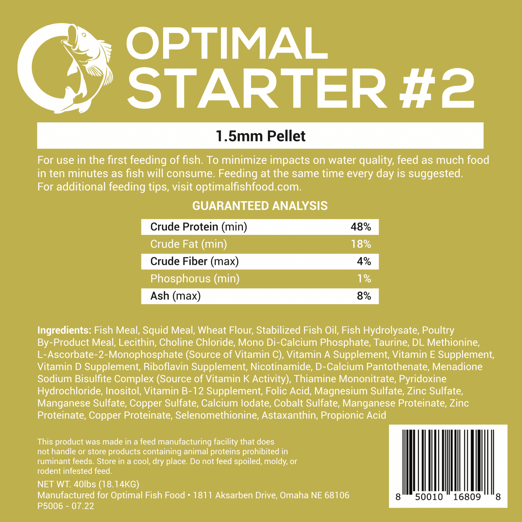 Label of 'Optimal Starter #2' fish feed, featuring guaranteed analysis, ingredients, and feeding instructions for 1.5mm pellets.