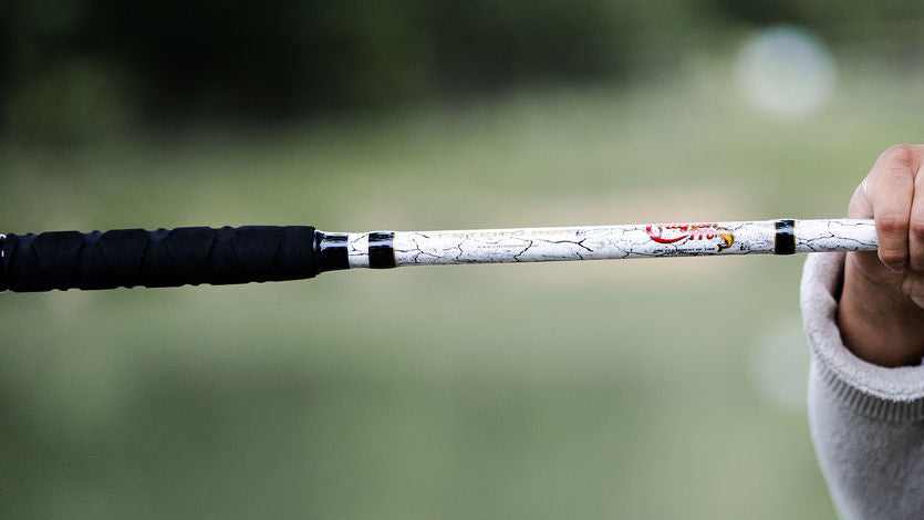 Hand holding a fishing rod with a blurred natural background