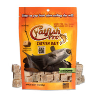 Catfish Pro Grasshopper Catfish Bait in resealable packaging, surrounded by cubed bait pieces. The package highlights its mess-free, easy-to-use formula.