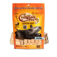 Catfish Pro Original Catfish Bait in resealable packaging, surrounded by cubed bait pieces. The package highlights its mess-free, easy-to-use formula.