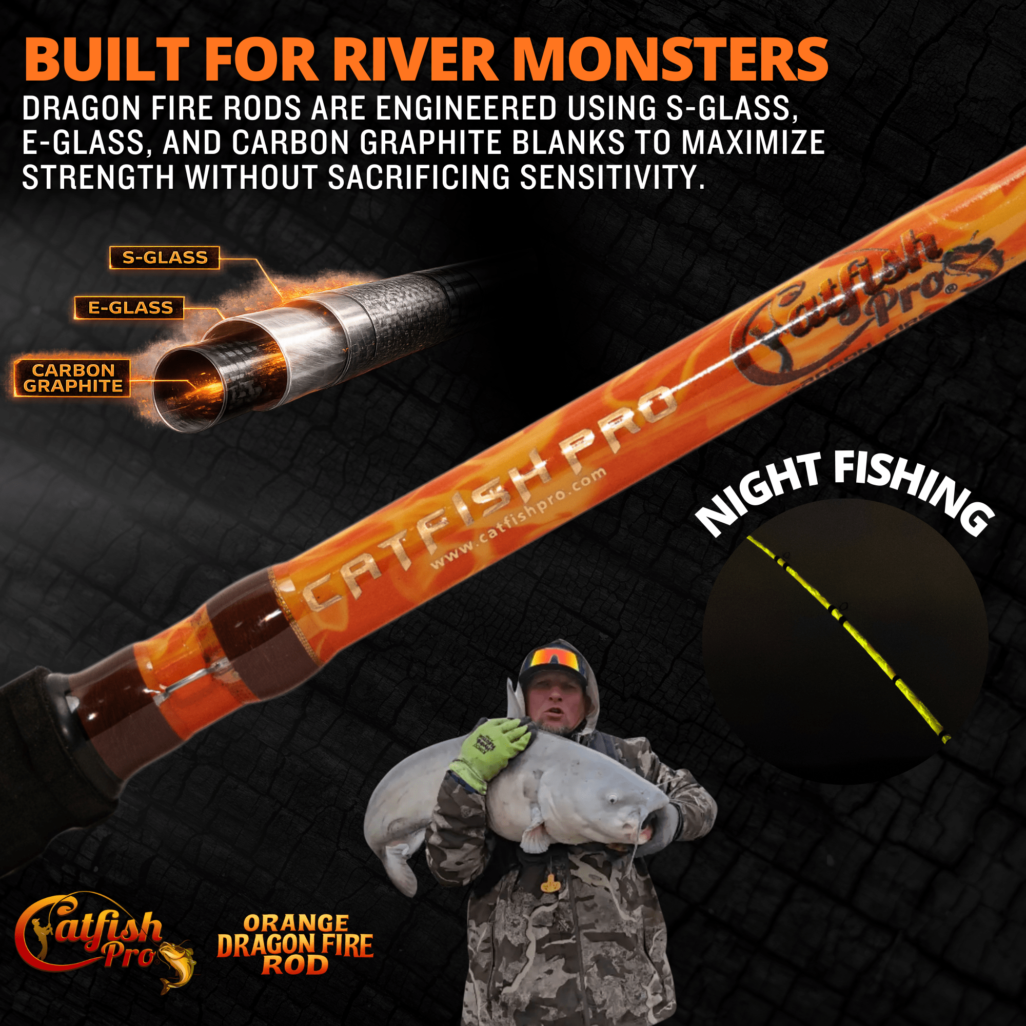 Orange Dragon Fire Spinning Glow Rod - Catfish Pro