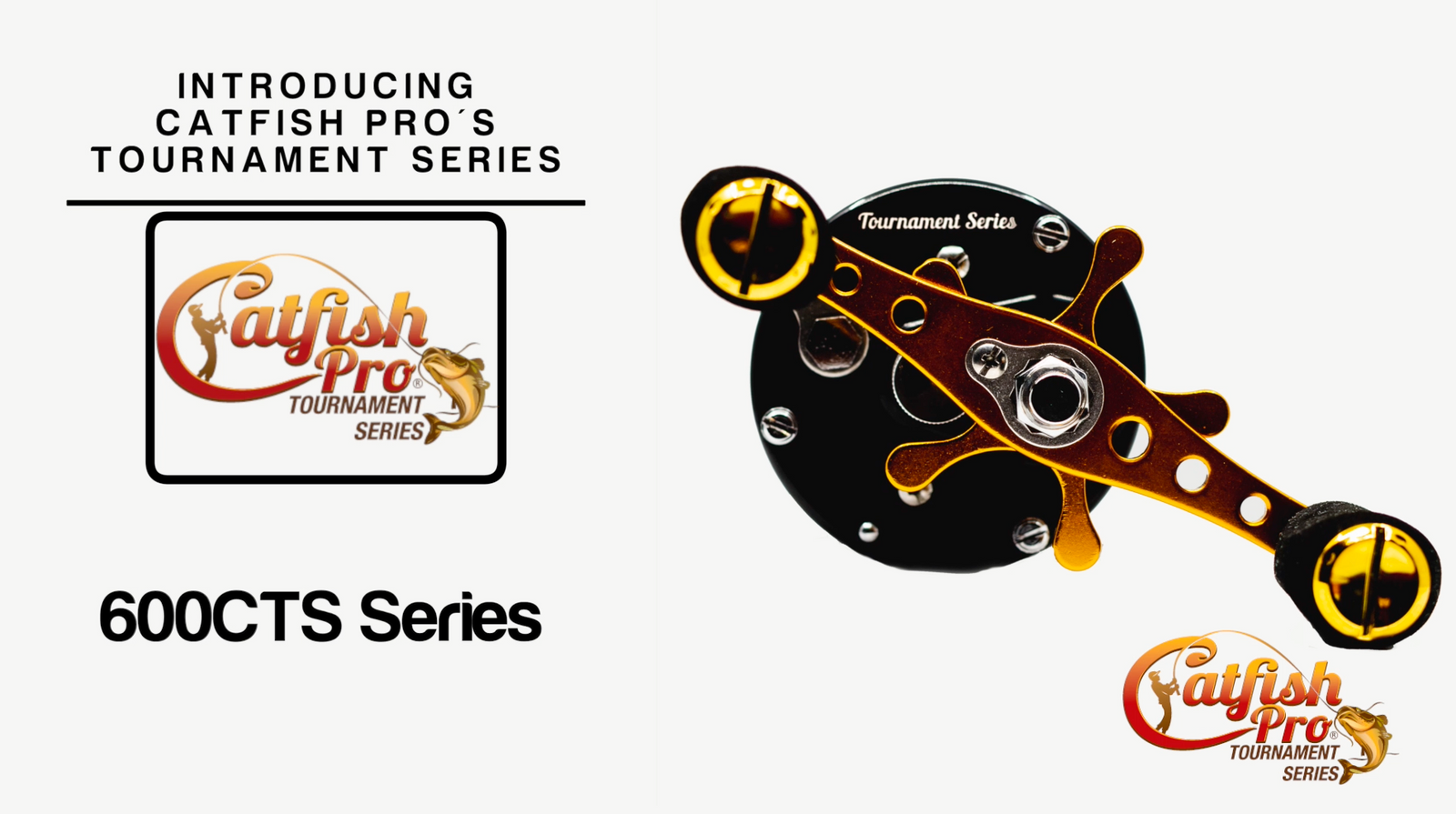 Catfish Pro 600CTS Round Baitcaster Reel – Left Handed mounted on a catfish fishing rod, showcasing the ergonomic power handle, anodized aluminum spool, and smooth drag system for high-performance catfishing.